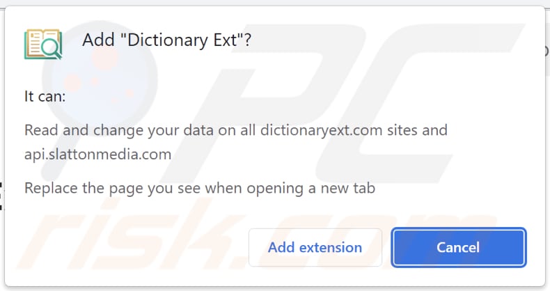 Dictionary Ext browser hijacker asking for permissions