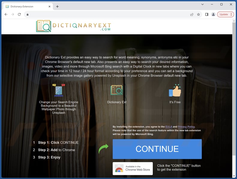 Website used to promote Dictionary Ext browser hijacker