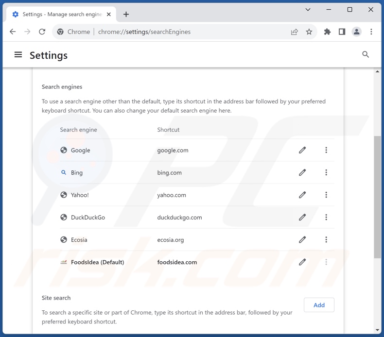 Removing foodsidea.com from Google Chrome default search engine