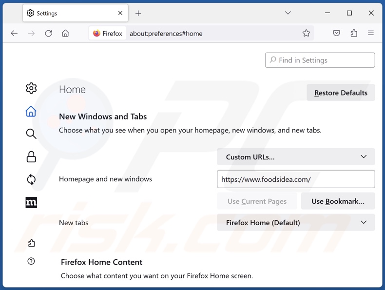 Removing foodsidea.com from Mozilla Firefox homepage