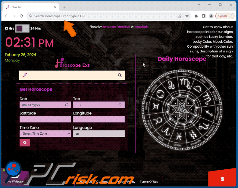 Horoscope Ext browser hijacker redirecting to Bing (GIF)