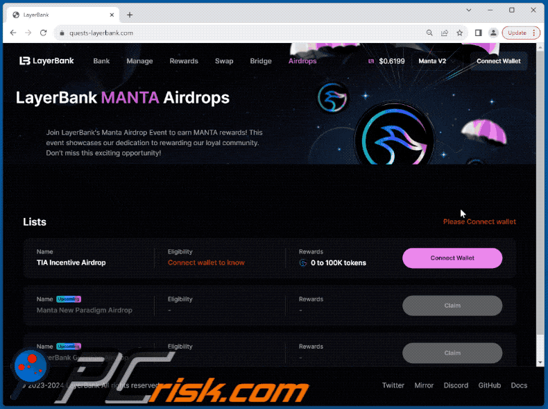 Appearance of Layer Bank MANTA Airdrop scam