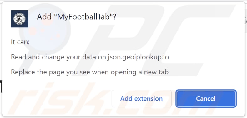 MyFootballTab browser hijacker asking for permissions