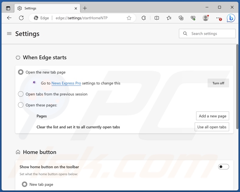 News Express Pro browser hijacker managing new tab settings on Edge