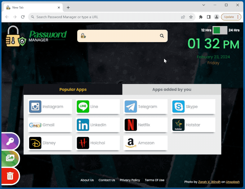 Password Manager browser hijacker redirecting to Bing (GIF)