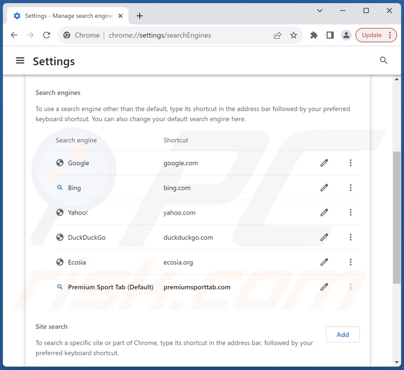 Removing premiumsporttab.com from Google Chrome default search engine