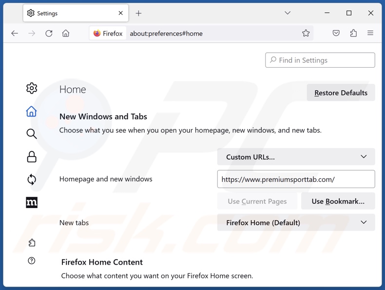 Removing premiumsporttab.com from Mozilla Firefox homepage