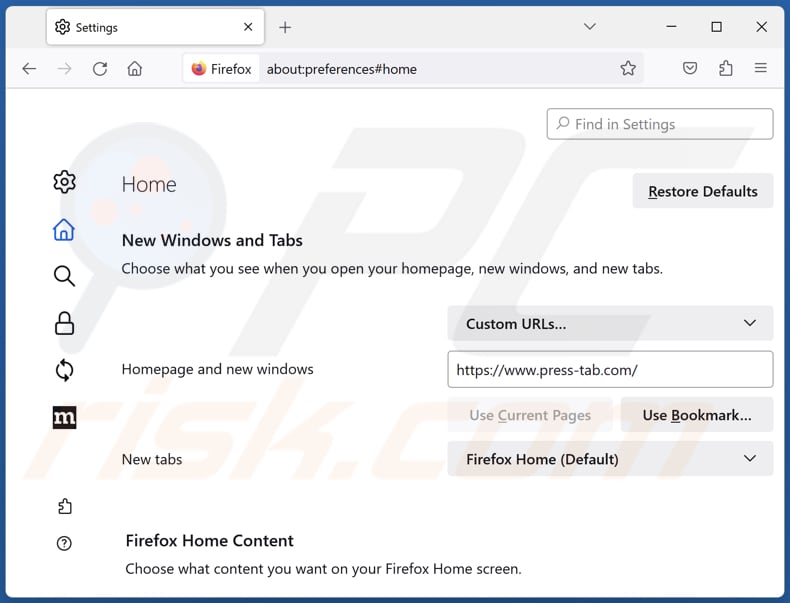 Removing press-tab.com from Mozilla Firefox homepage