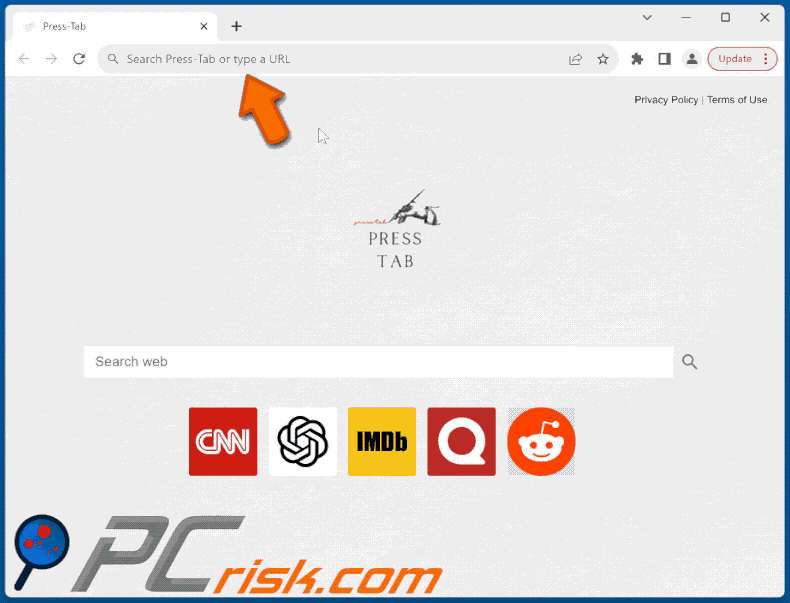 Press-Tab browser hijacker press-tab.com redirects to bing.com