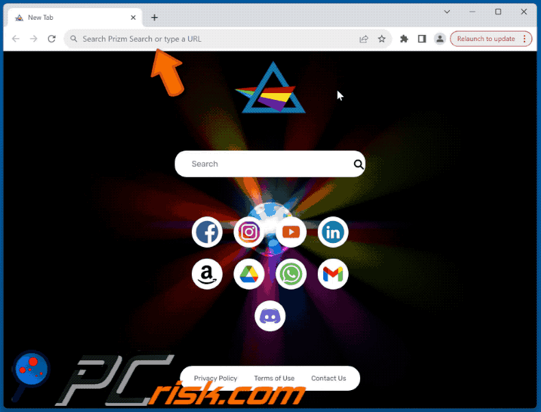 Prizm Search browser hijacker redirecting to Bing (GIF)