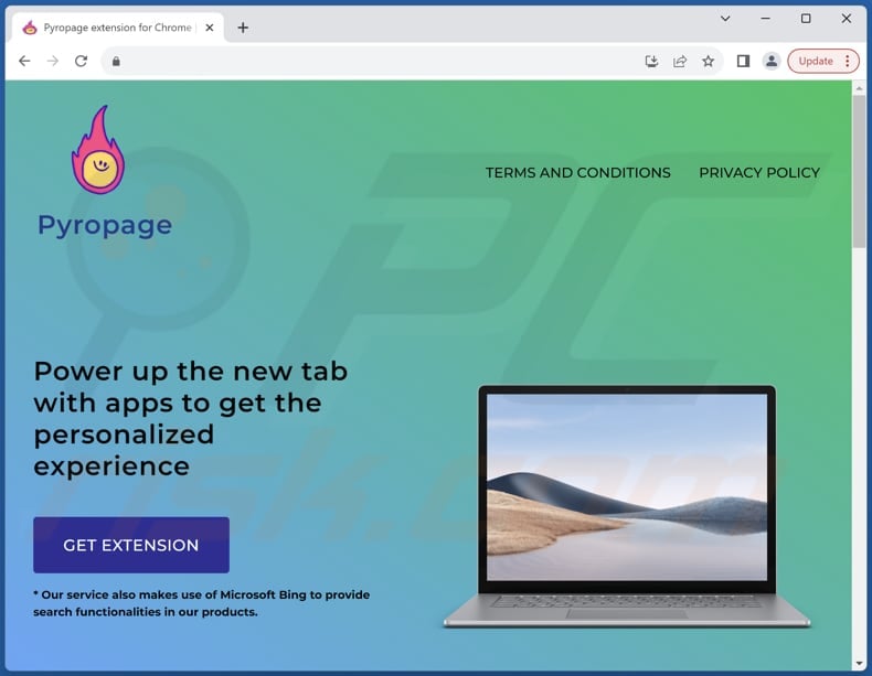 Website used to promote Pyropage browser hijacker