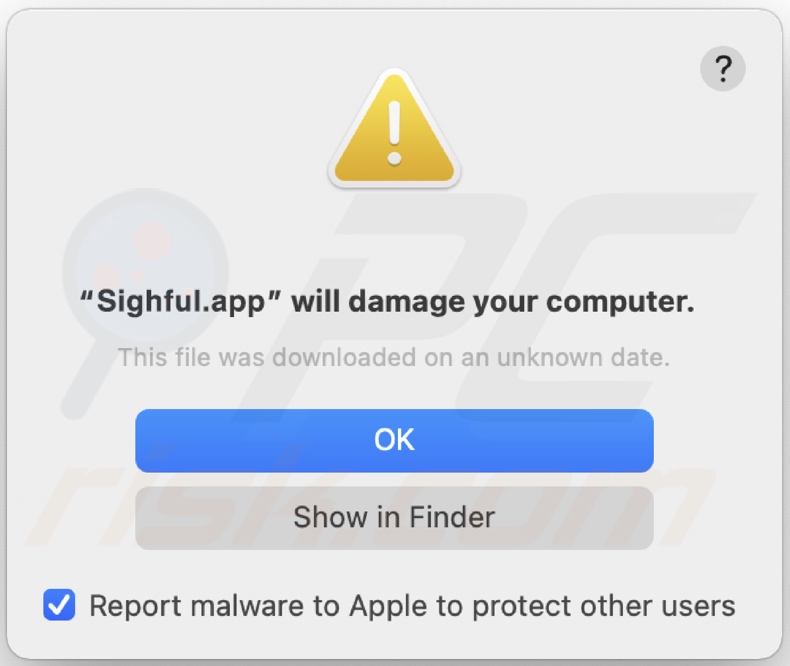 Pop-up displayed when Sighful.app adware is detected on the system