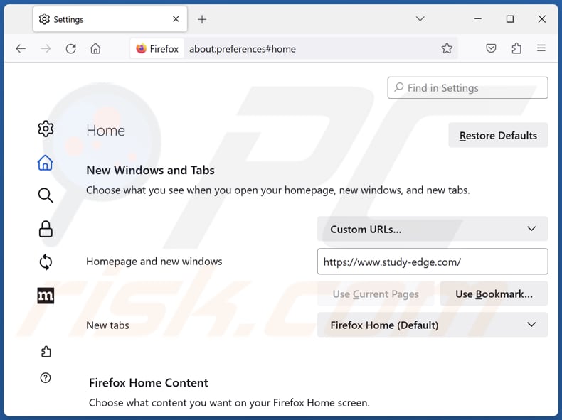 Removing study-edge.com from Mozilla Firefox homepage