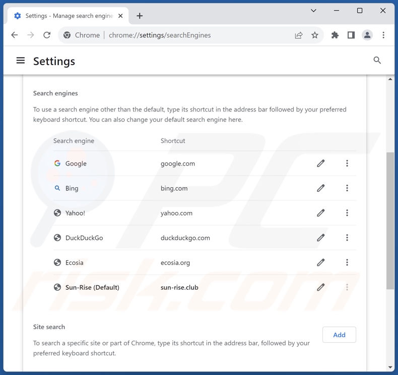 Removing sun-rise.club from Google Chrome default search engine