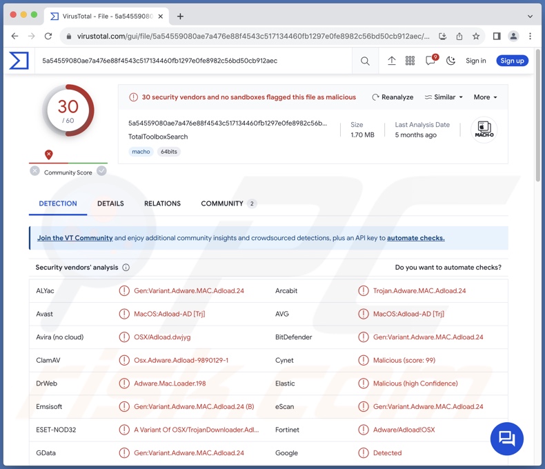 TotalToolboxSearch adware detections on VirusTotal