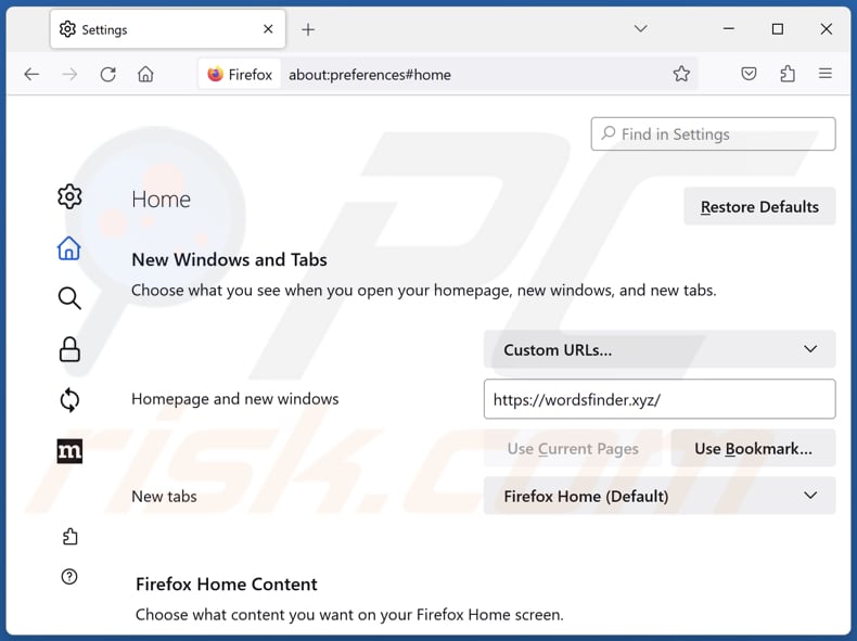 Removing wordsfinder.xyz from Mozilla Firefox homepage