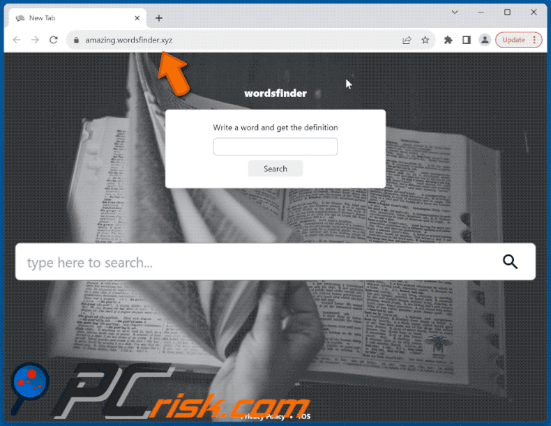 Words Finder browser hijacker wordsfinder.xyz redirects to bing.com