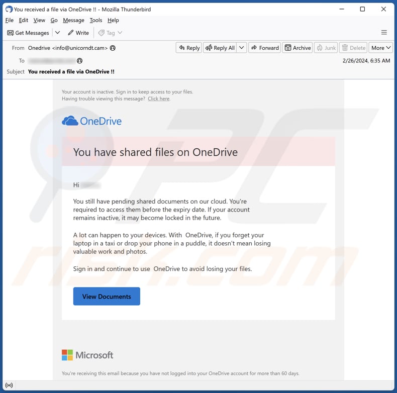 You Have Shared Files On OneDrive email spam campaign