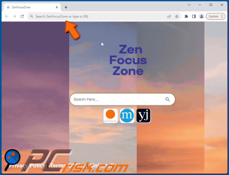ZenFocusZone browser hijacker redirecting to Bing (GIF)