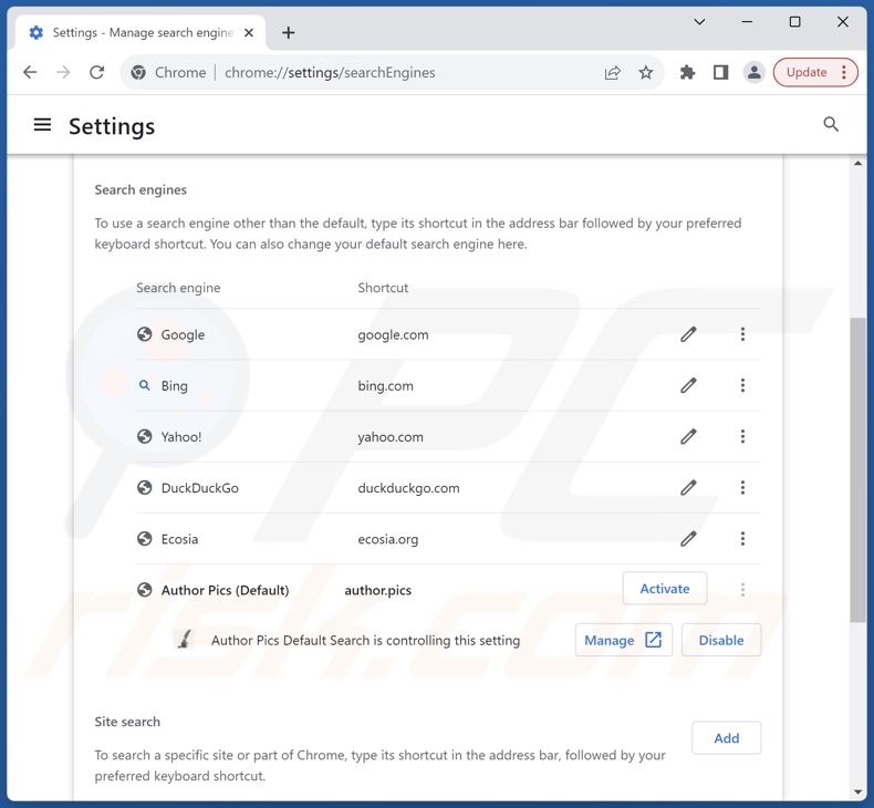Removing author.pics from Google Chrome default search engine