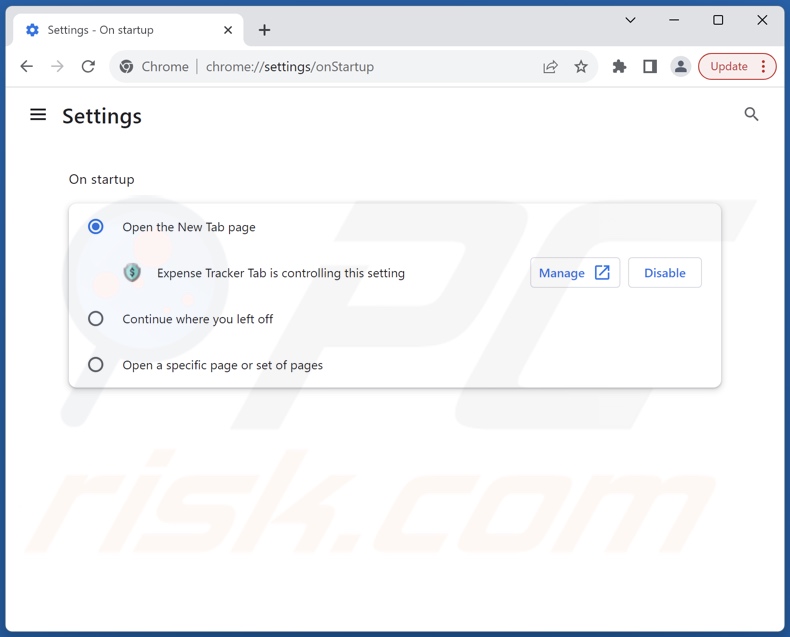 Removing expensetrackertab.com from Google Chrome homepage