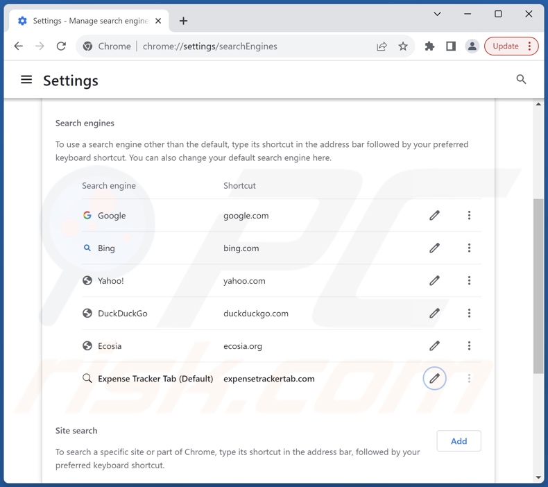 Removing expensetrackertab.com from Google Chrome default search engine