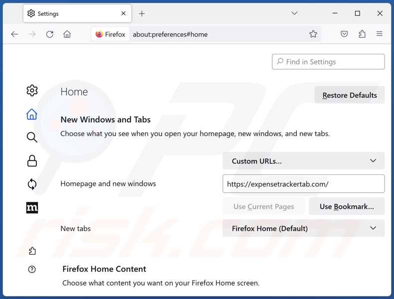 Removing expensetrackertab.com from Mozilla Firefox homepage