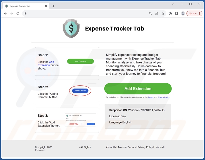 Website used to promote Expense Tracker Tab browser hijacker