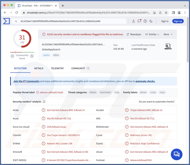 GlobalAppSearch adware detections on VirusTotal
