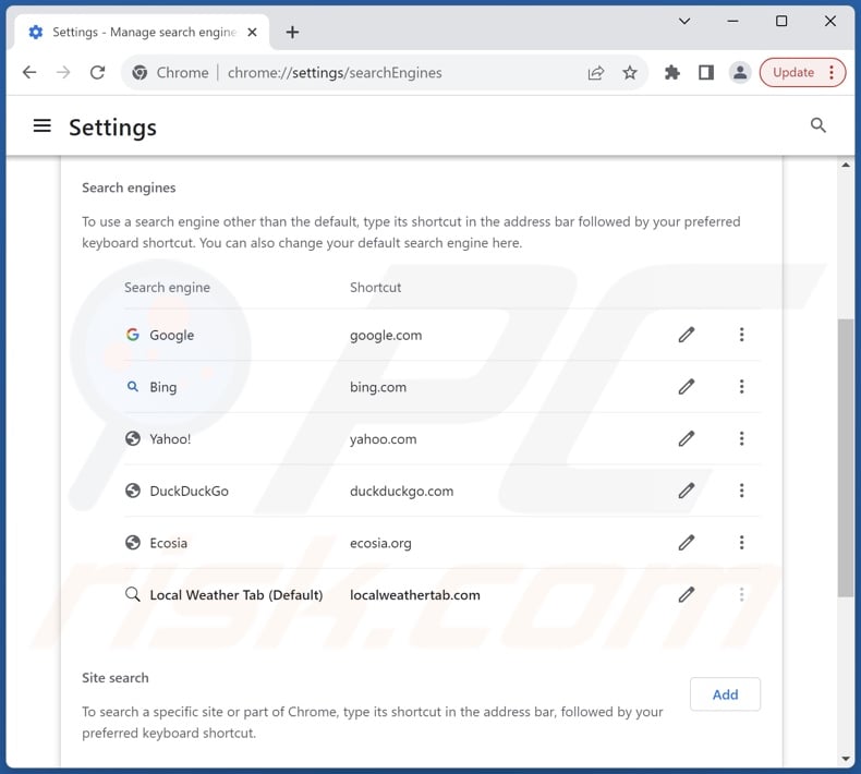 Removing localweathertab.com from Google Chrome default search engine