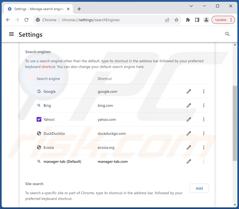 Removing manager-tab.com from Google Chrome default search engine