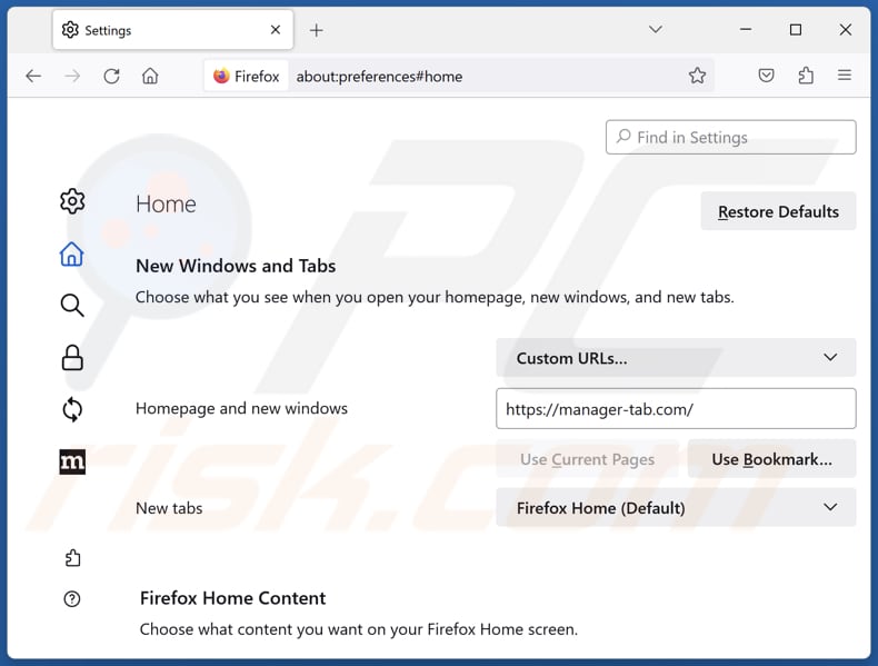 Removing manager-tab.com from Mozilla Firefox homepage