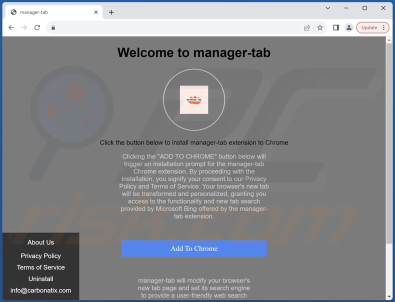 Website used to promote manager-tab browser hijacker (sample 1)