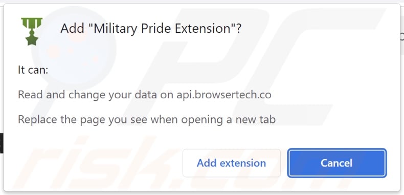 Military Pride Extension browser hijacker asking for permissions