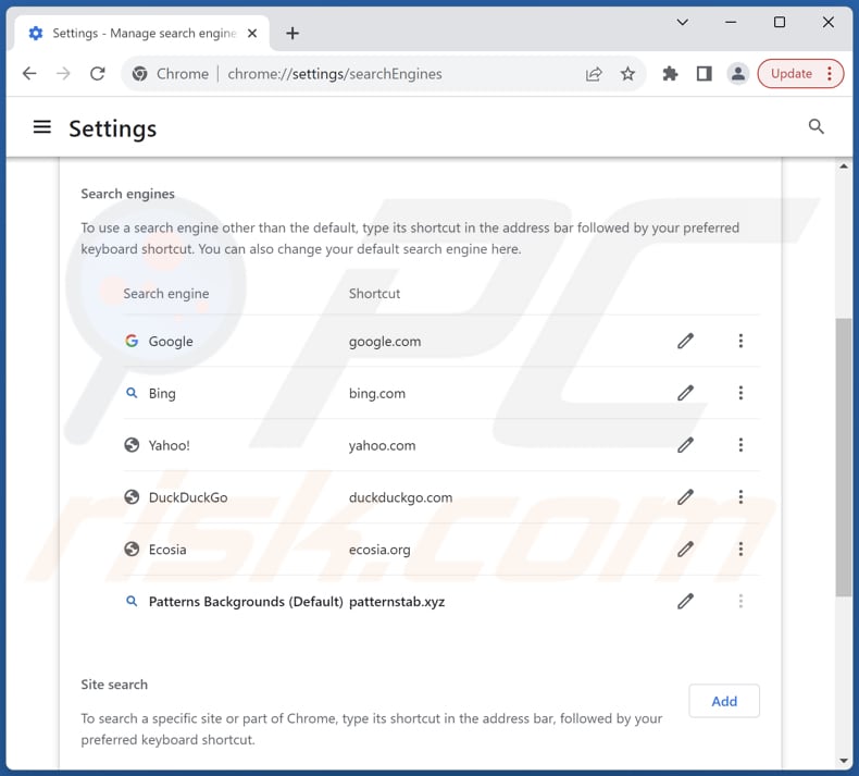 Removing patternstab.xyz from Google Chrome default search engine