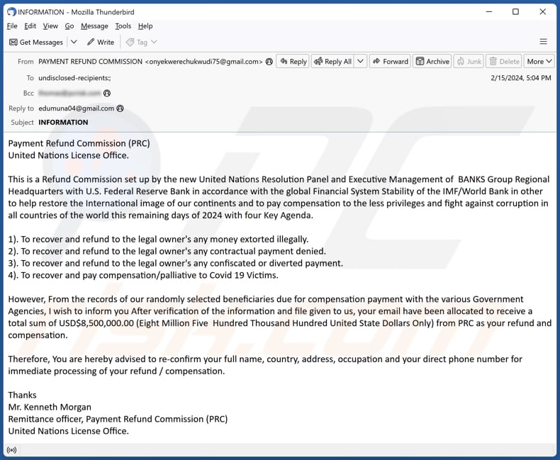 Payment Refund Commission (PRC) email spam campaign