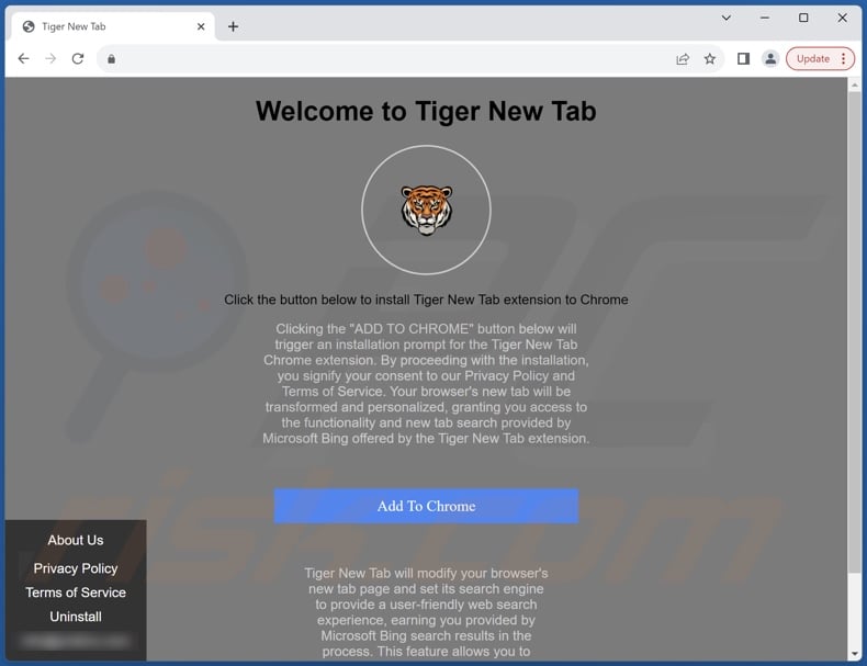 Website used to promote Tiger New Tab browser hijacker
