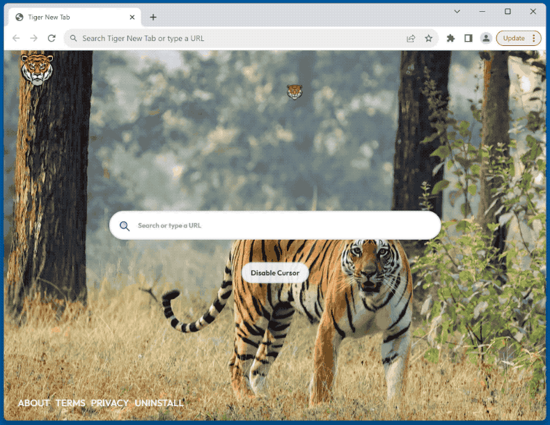 Tiger New Tab browser hijacker redirecting to Bing (GIF)