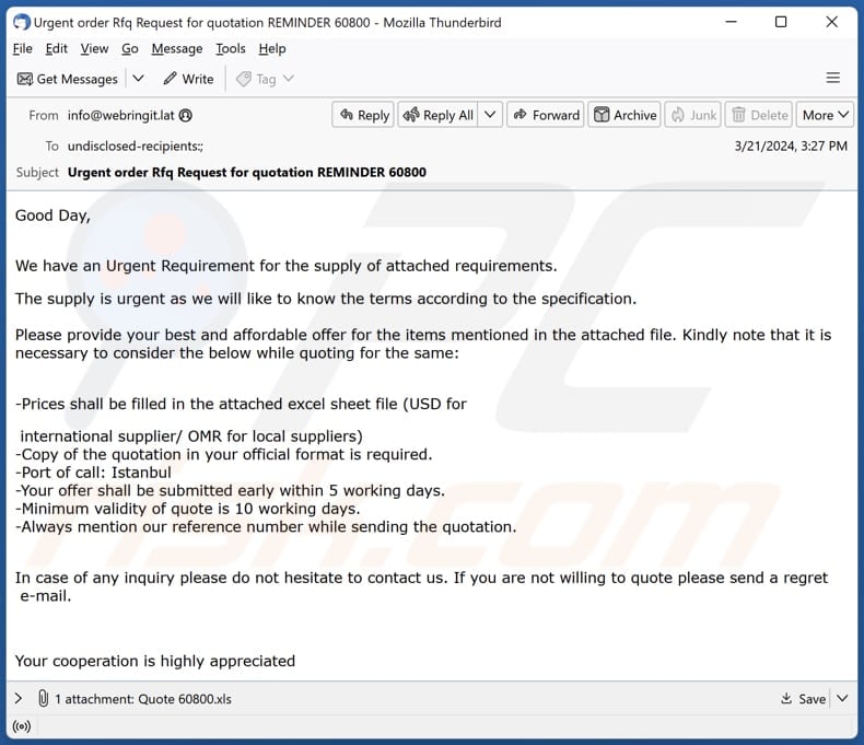 Urgent Requirement For The Supply malware-spreading email spam campaign