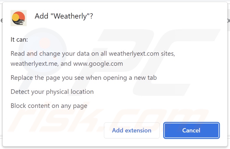 Weatherly browser hijacker asking for permissions