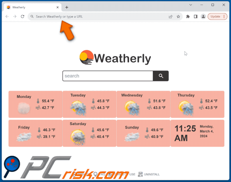 Weatherly browser hijacker redirecting to Google (GIF)