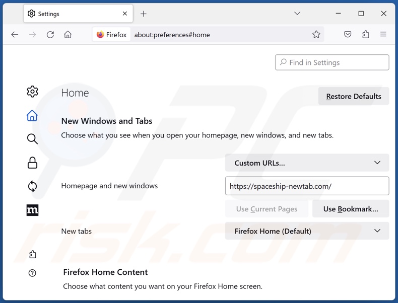 Removing spaceship-newtab.com from Mozilla Firefox homepage