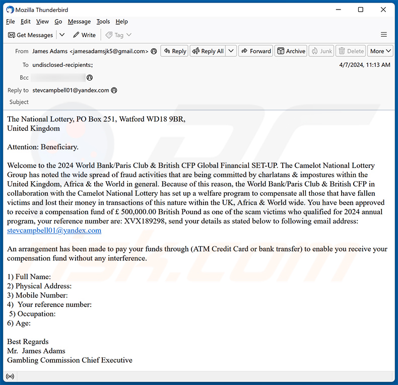 National UK Lottery email scam (2024-04-08)
