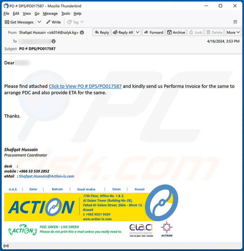 Payment Proforma Invoice / Contract email scam (2024-04-17)