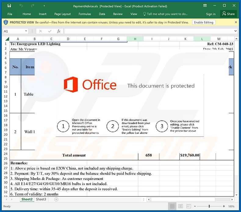 Malicious MS Excel document distributed via Payment Remittance Advice email scam (2024-04-25)