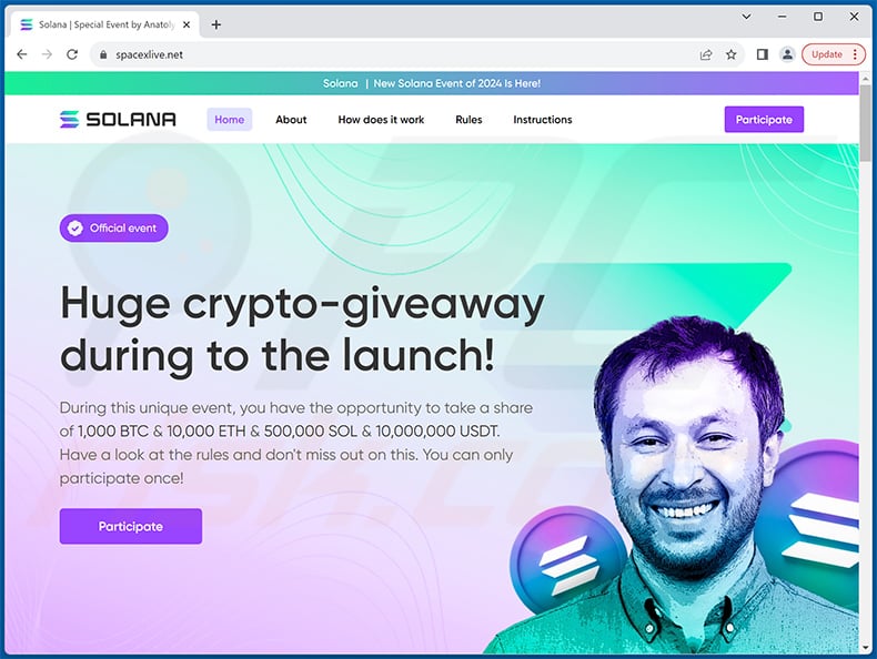 SOLANA (SOL) crypto giveaway scam website (spacexlive[.]net)