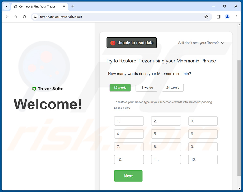 Trezor-themed phishing site