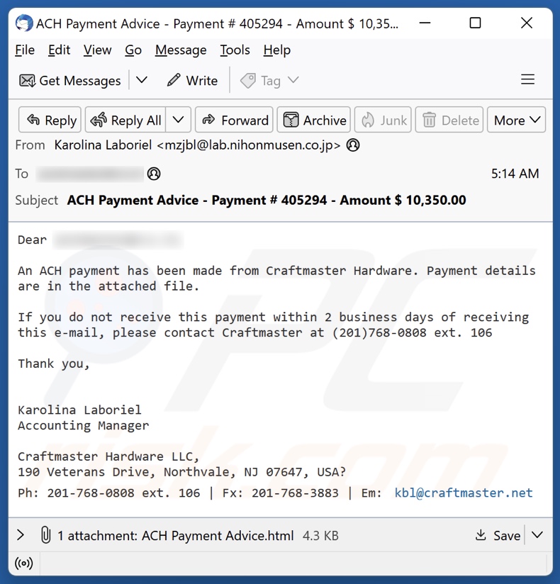 ACH Payment From Craftmaster Hardware email spam campaign