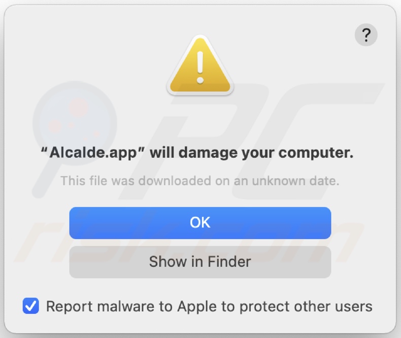 Pop-up displayed when Alcalde.app adware is detected on the system