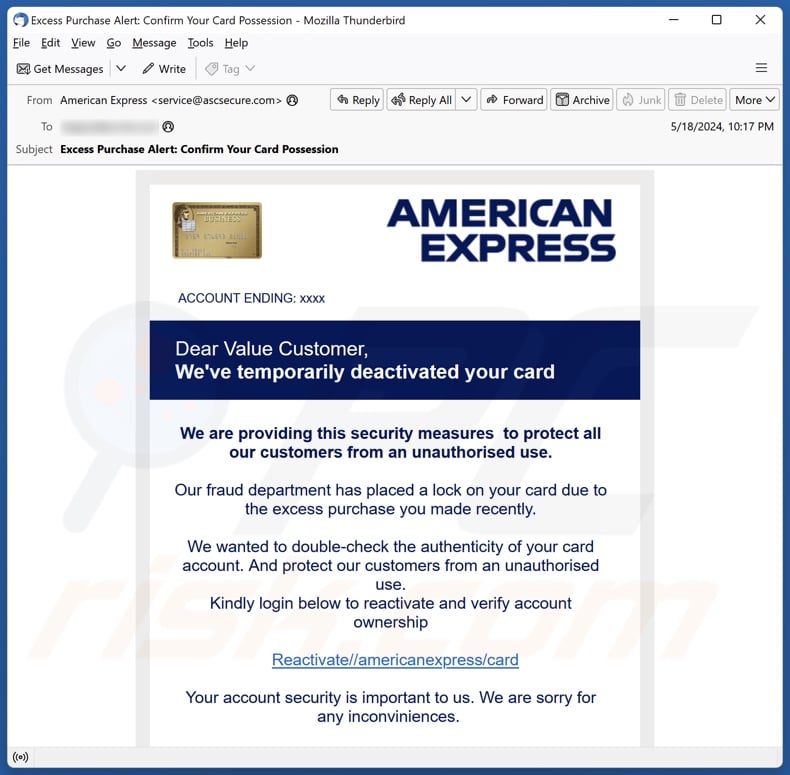 American Express Card Deactivation email spam campaign